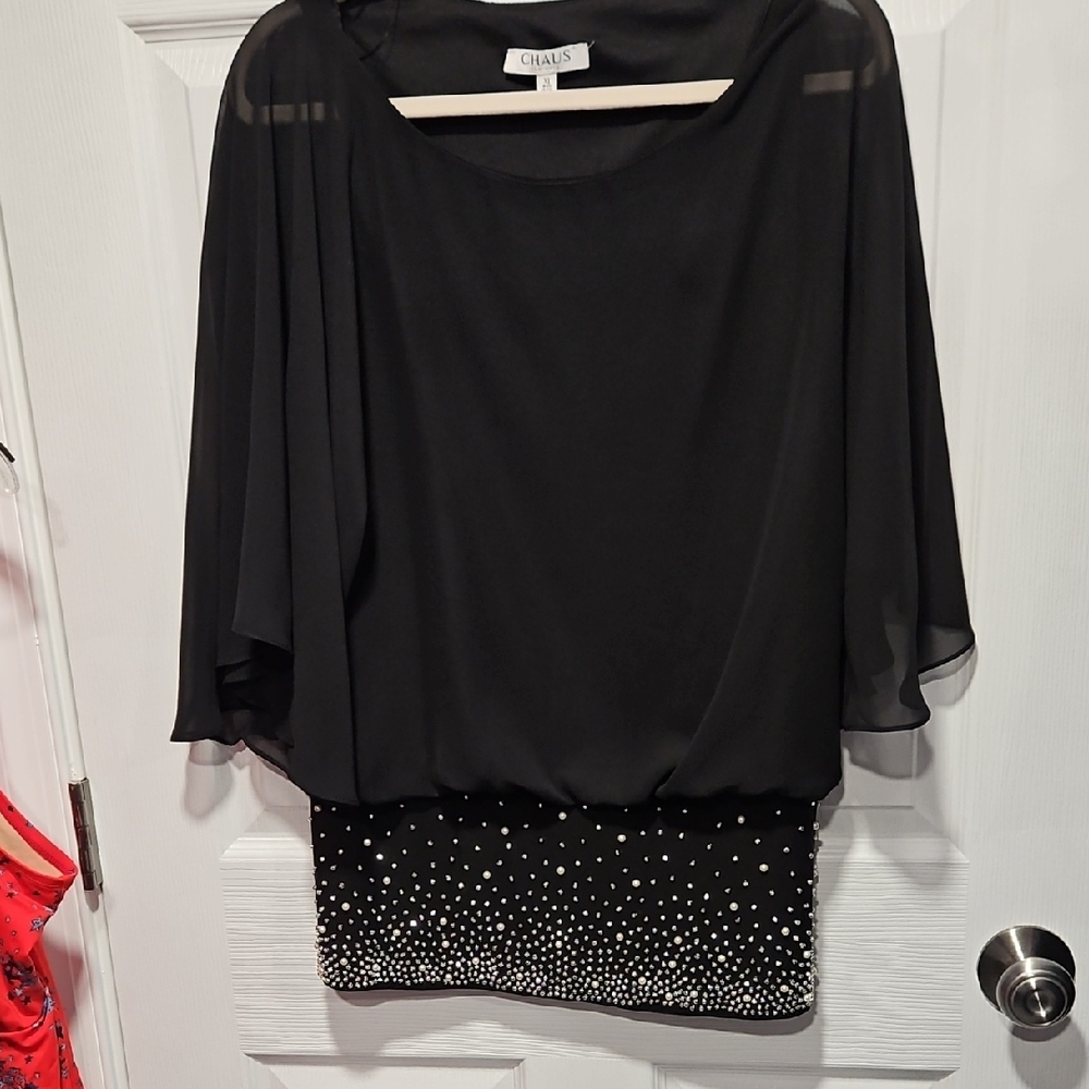 Chaus Black Sheer Batwing Sleeve Blouse with Embellished Hem